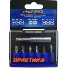 Набор бит ПРАКТИКА "Профи"  7шт PH1,2,3; PZ1,2,3 x 25мм, магнитный держатель, кассета
