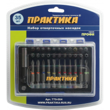 Набор бит ПРАКТИКА "Профи"  35шт, 25 и 50мм, PH, PZ, SL, Hex, Torx, Tri-Wing, держатель 60 мм, кассета